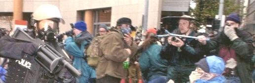 Me recording at the
World Trade Organization protest on November 30, 1999. Yes, that grey
plastic thingy is my microphone boom.