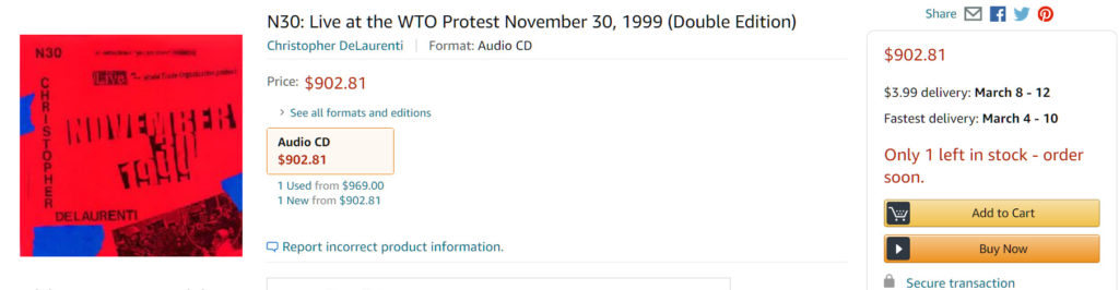 a screencap from amazon.com of Chris DeLaurenti's album N30 priced outrageously for 900 dollars
